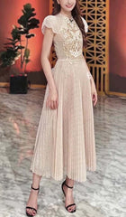 Pleated Embroidery Midi Dress In Beige