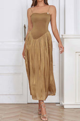 Pleated Strap Midi Dress In TOBACCO