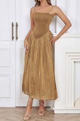 Pleated Strap Midi Dress In TOBACCO