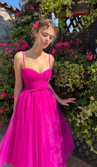 PLEATS Spaghetti Straps Midi Dress In Hot Pink