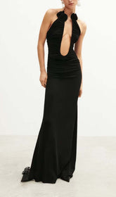 Plunging Halter Neckline Maxi Dress In Black