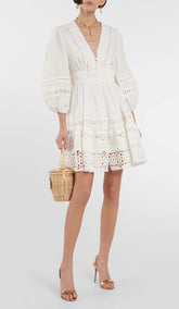 Plunging Neck Lace Mini Dress In White