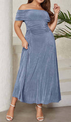 Plus Off Shoulder Midi Dress In Blue