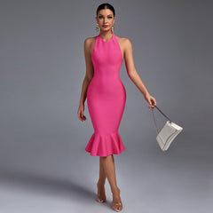 Pink Halter Sleeveless Fishtail Midi Bandage Dress