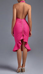 Pink Halter Sleeveless Fishtail Midi Bandage Dress