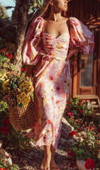 Puff Floral Midi Dress In PASTeL Blooms