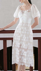 Puff Sleeve Lace Midi Dress In White