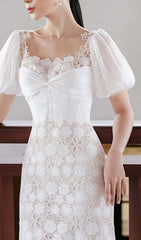 Puff Sleeve Lace Midi Dress In White