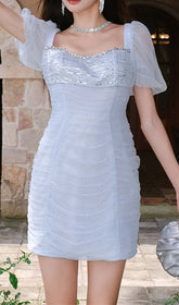 Puff Sleeve Perspective Mini Dress In Sky Blue