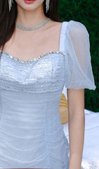 Puff Sleeve Perspective Mini Dress In Sky Blue