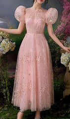 Puff Sleeve Sequins Maxi Dress In Pink