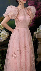 Puff Sleeve Sequins Maxi Dress In Pink