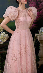 Puff Sleeve Sequins Maxi Dress In Pink
