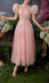 Puff Sleeve Sequins Maxi Dress In Pink