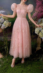 Puff Sleeve Sequins Maxi Dress In Pink