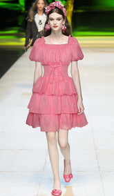 Puff Sleeve Tiered Midi Dress In Pink