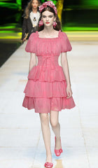 Puff Sleeve Tiered Midi Dress In Pink