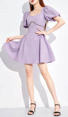 Puff Sleeves Waist-Tightening Mini Dress In Lilac