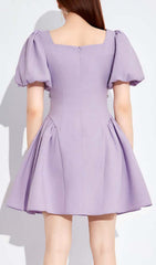 Puff Sleeves Waist-Tightening Mini Dress In Lilac