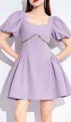 Puff Sleeves Waist-Tightening Mini Dress In Lilac