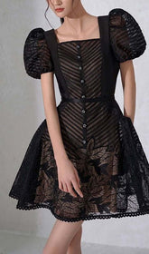 Puff-SLEEV Mesh Mini A-LIne Dress In Black
