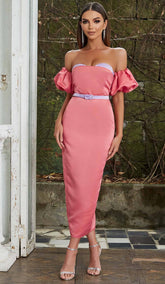 Puff Bodycon Satin Midi Dress In Rose