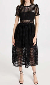 Puffed Sleeve Lace Midi Dress In Black