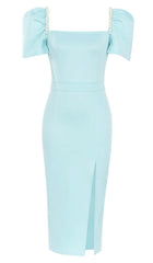 Puff Sleeve Pearl Midi Dress In Light Green