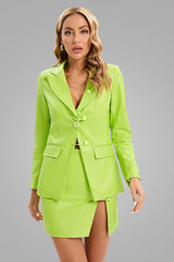 PU Jacket Blazer And Skirt Set Two Piece Set In Fluorescent Green