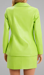 PU Jacket Blazer And Skirt Set Two Piece Set In Fluorescent Green