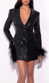 Black Sequin FeaTher Trim Blazer Dress