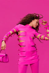 Long Sleeve Hollow Out Mini Bandage Dress In Pink