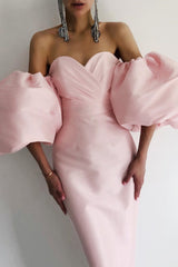 Off Shoulder Backless Puff Sleeves Midi Dress