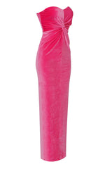 Pink Velcet Strapless Cross Knot Maxi Dress