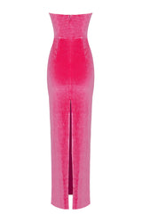 Pink Velcet Strapless Cross Knot Maxi Dress