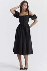 Silvana Black Puff Sleeve Midi Sundress