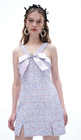 Rhinestone BowTie Tweed Mini Dress In Purple