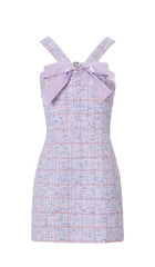 Rhinestone BowTie Tweed Mini Dress In Purple