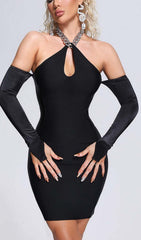 Rhinestone Halter Bandage Midi Dress In Black