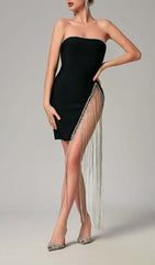 Rhinestone Tassel Mini Bandage Dress In Black