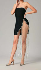 Rhinestone Tassel Mini Bandage Dress In Black