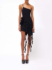 Rose-Detail Ruffled Mini Dress In Black