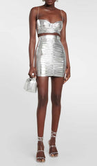 Ruched BraLette And Skirt Set In Sliver