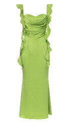 Ruched Satin Maxi Dress In Green