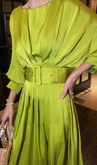 Ruched Satin Midi Dress In Green