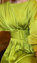 Ruched Satin Midi Dress In Green