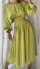 Ruched Satin Midi Dress In Green