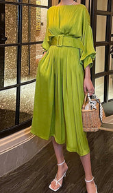 Ruched Satin Midi Dress In Green