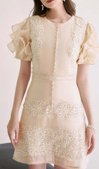 Ruffle Button LIne Midi Dress In Beige