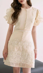 Ruffle Button LIne Midi Dress In Beige